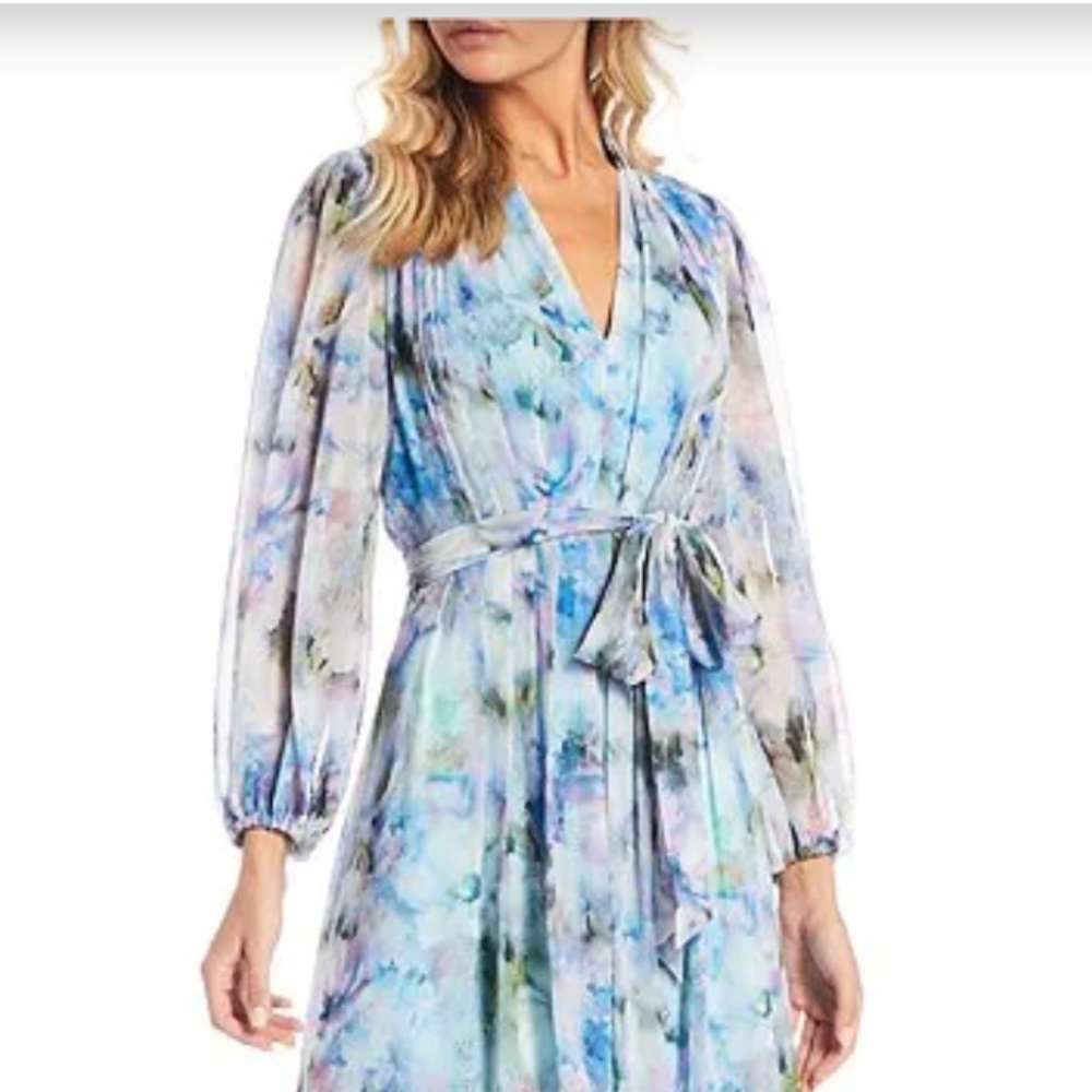 Hayden Tie Waist V-Neck Long Balloon Sleeve Floral Print Chiffon Midi Dress